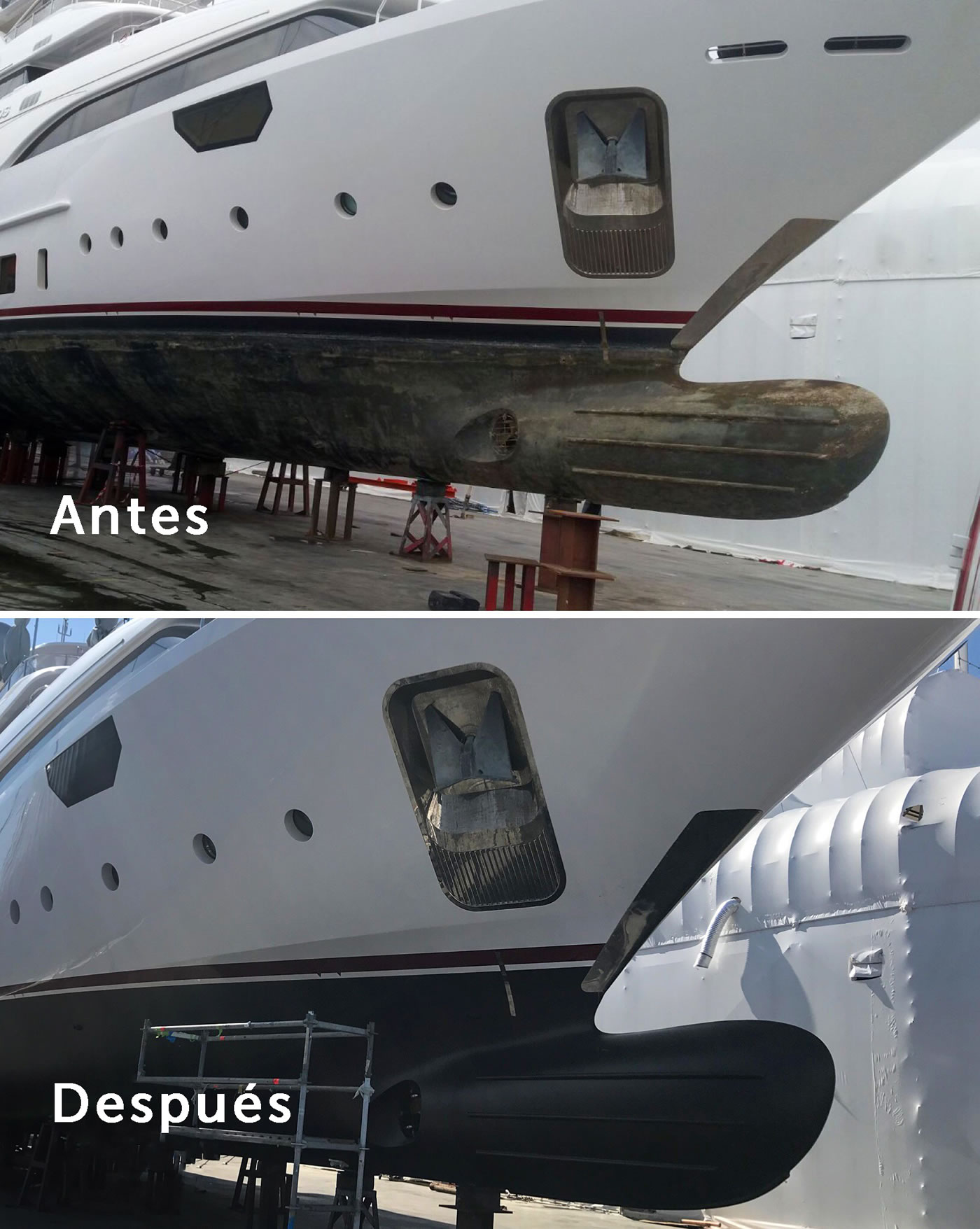 Comparación de antes y después de los servicios de pintura y antifouling