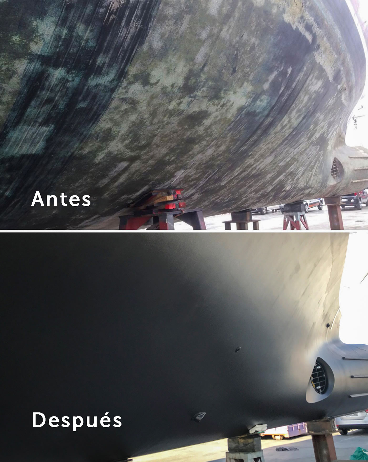 Comparación de antes y después de los servicios de pintura y antifouling